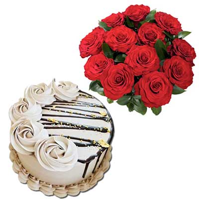 "Round shape Chocolate cake - 1kg, 12 Red Roses Flower Bunch - Click here to View more details about this Product